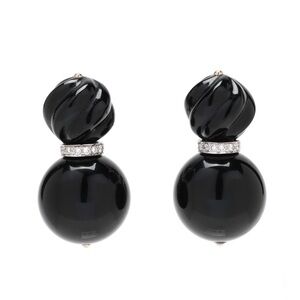 Vintage White Gold Carved Black Onyx and Diamond Earrings
